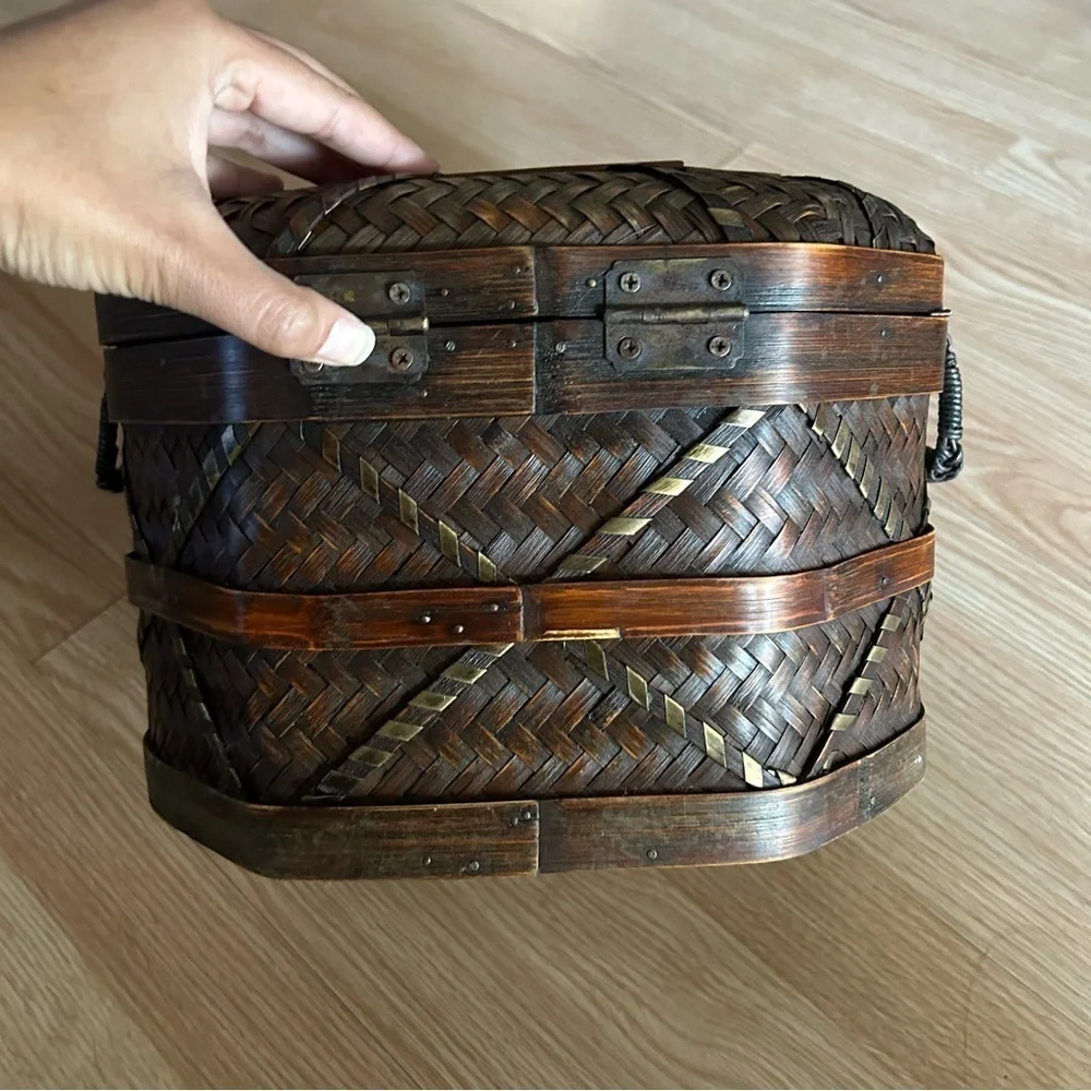 Vintage Wicker Metal Woven Decorative Chest Basket